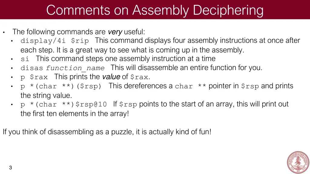 comments on assembly deciphering