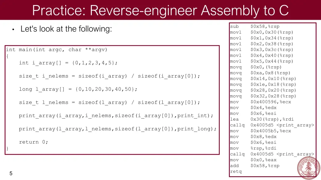 practice reverse engineer assembly to c 1