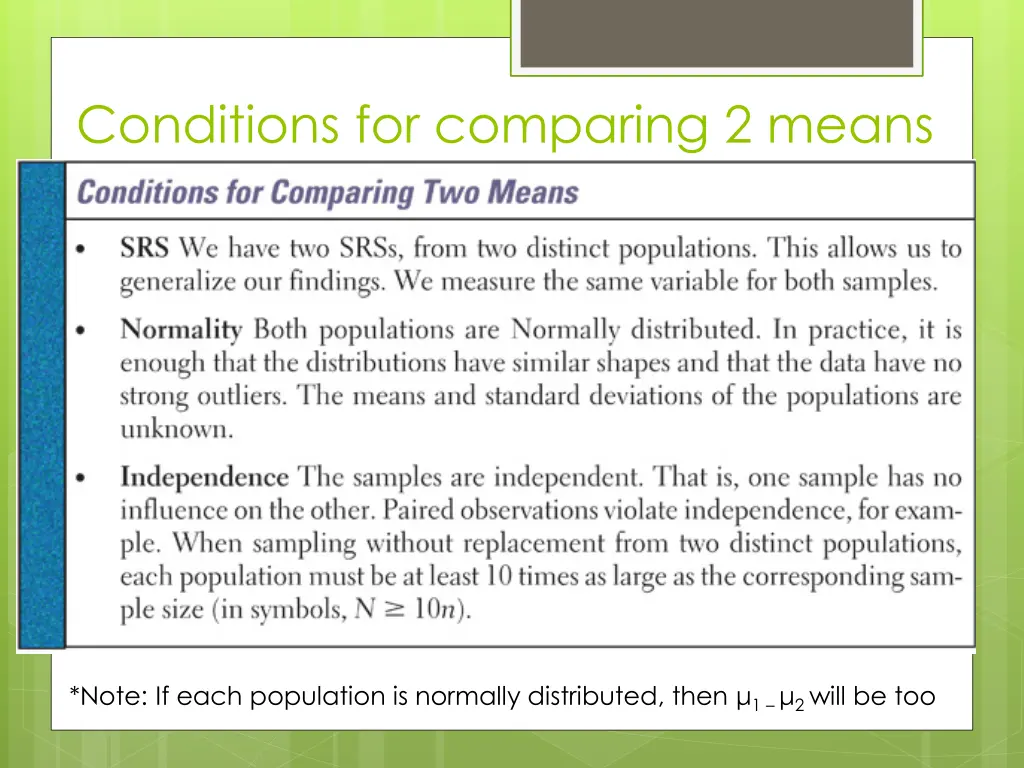 conditions for comparing 2 means