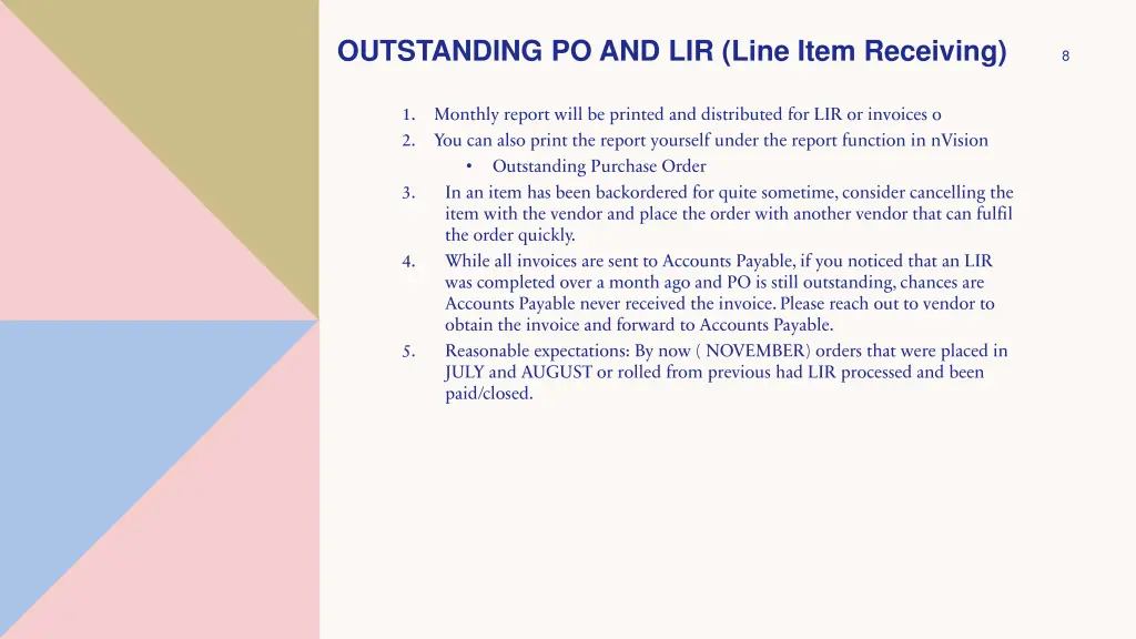 outstanding po and lir line item receiving
