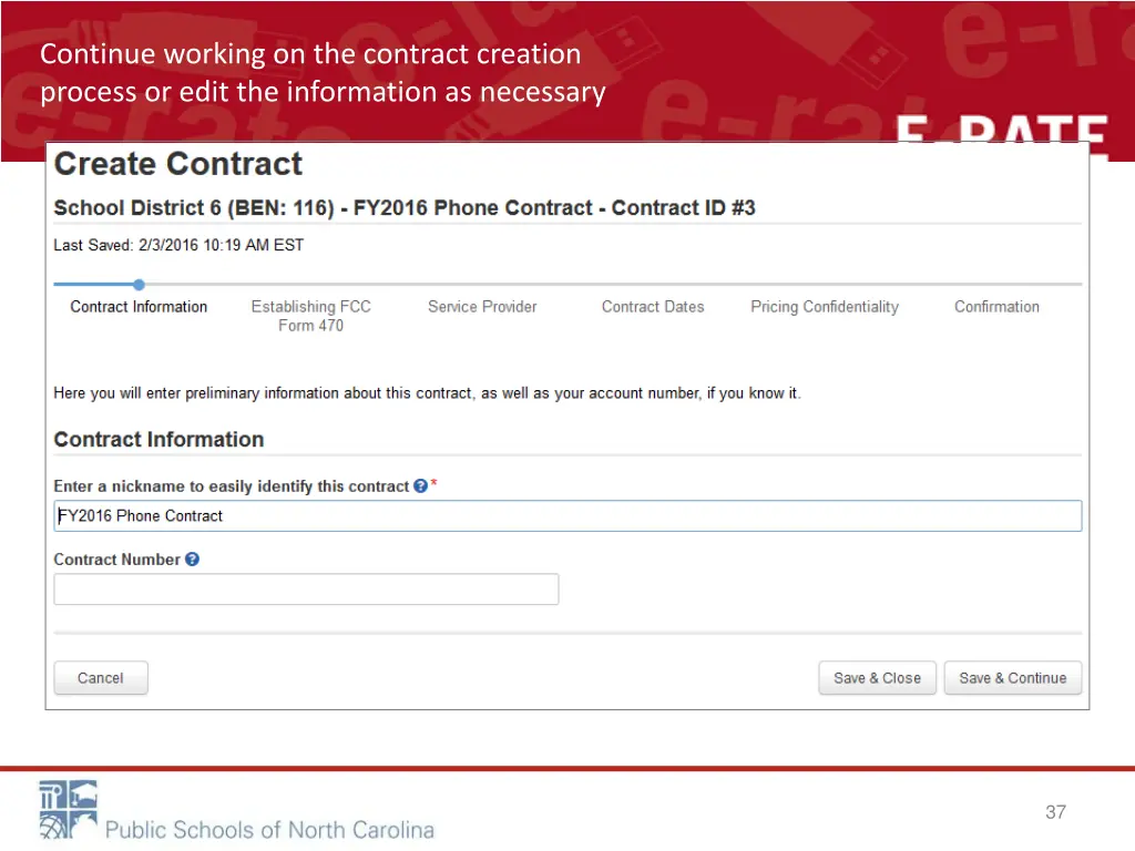 continue working on the contract creation process