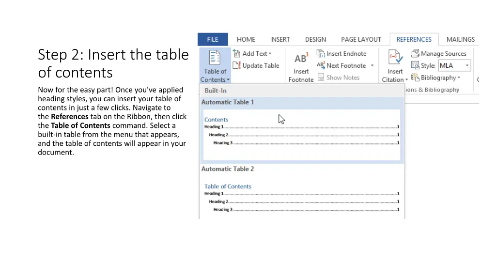 step 2 insert the table of contents