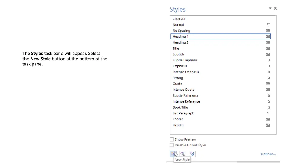 the styles task pane will appear select