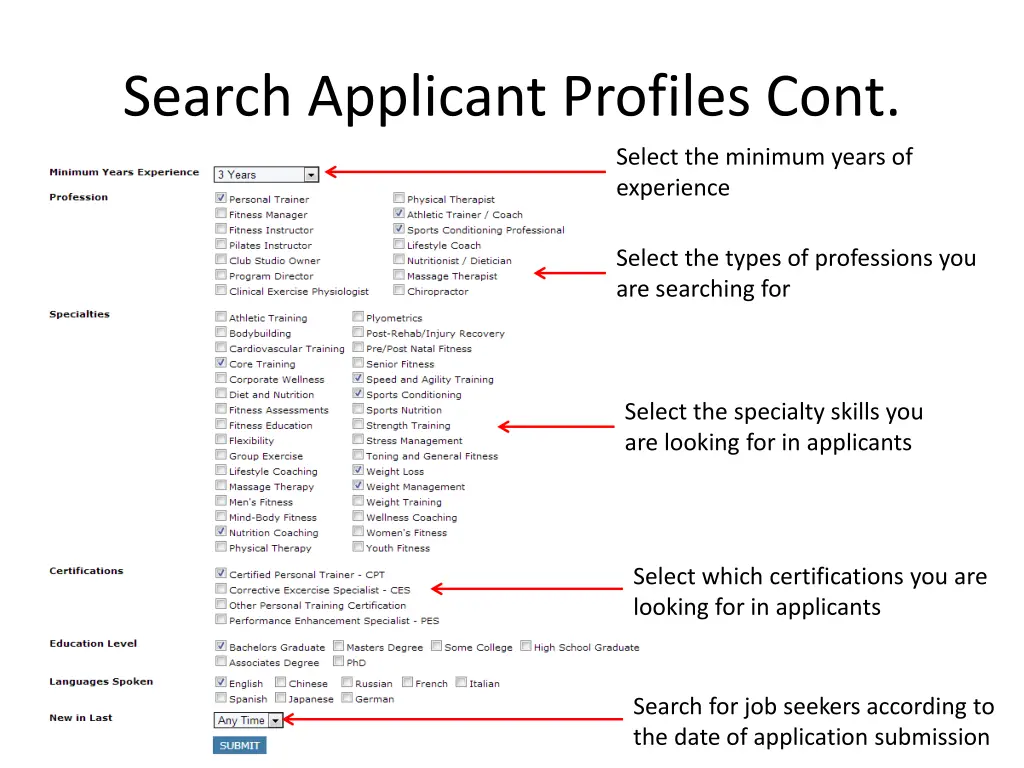 search applicant profiles cont