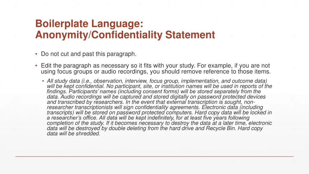 boilerplate language anonymity confidentiality