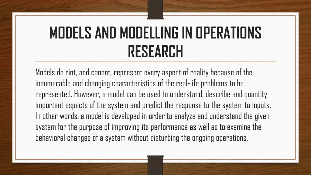 models and modelling in operations research