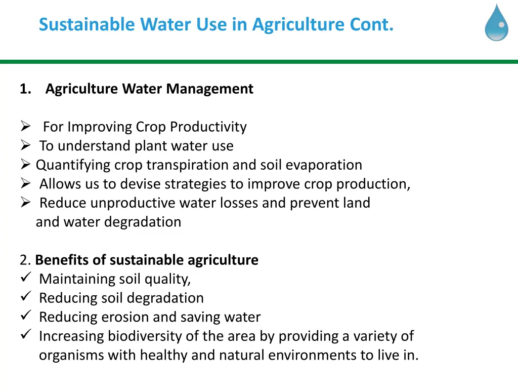 sustainable water use in agriculture cont