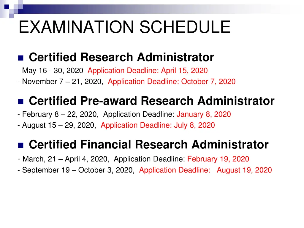 examination schedule