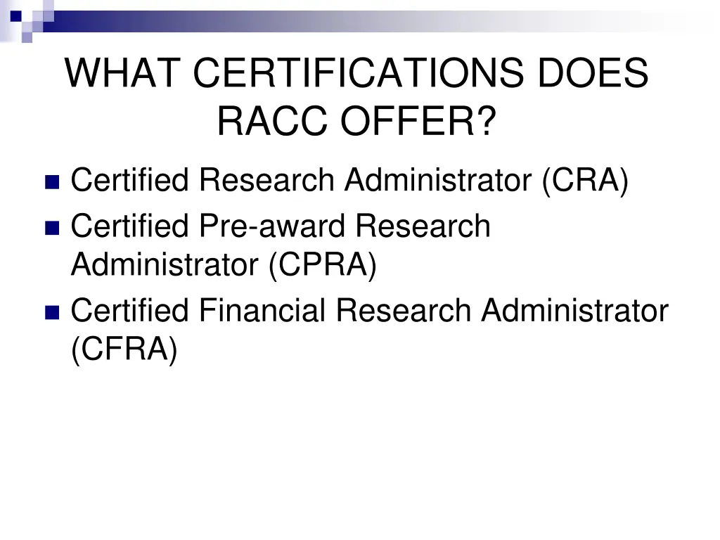 what certifications does racc offer