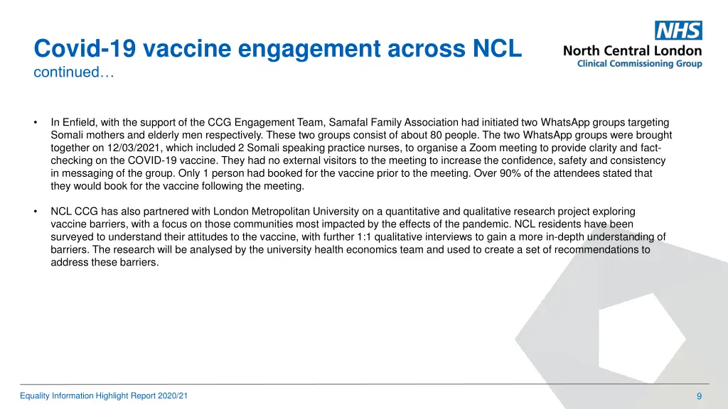 covid 19 vaccine engagement across ncl continued