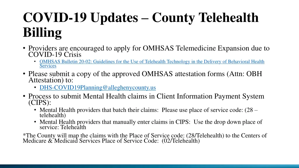 covid 19 updates county telehealth billing