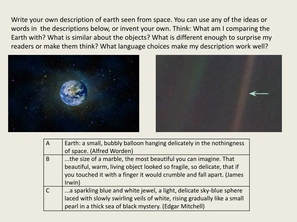 write your own description of earth seen from
