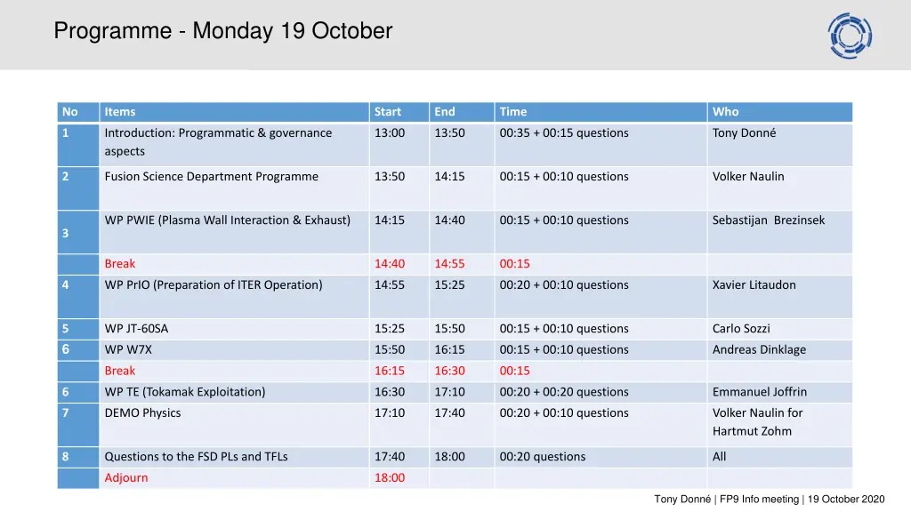 programme monday 19 october