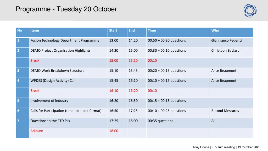 programme tuesday 20 october