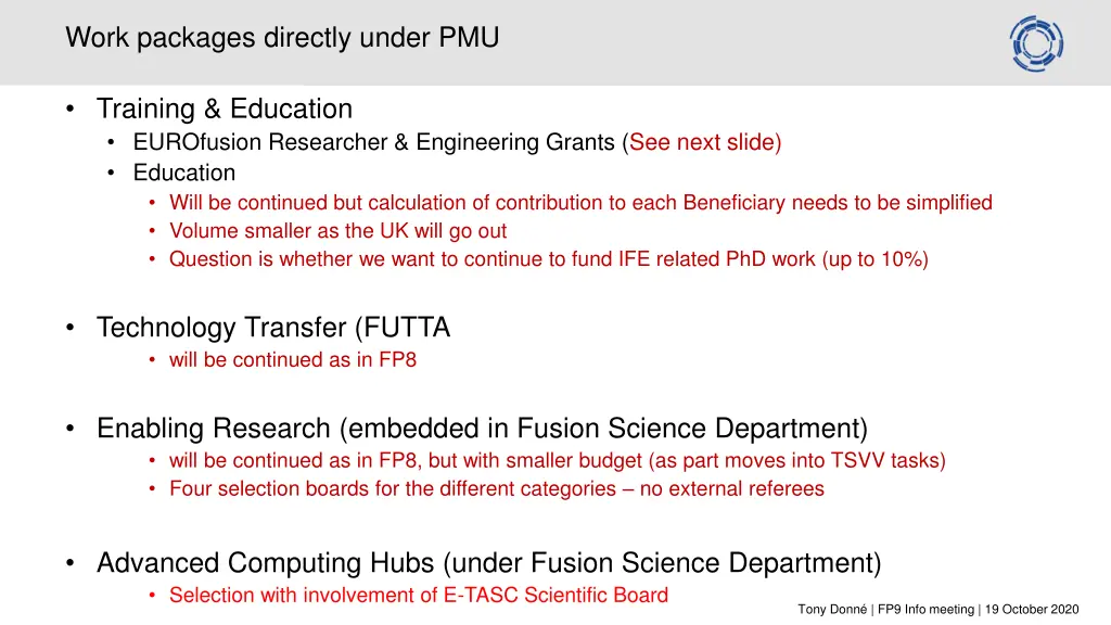 work packages directly under pmu