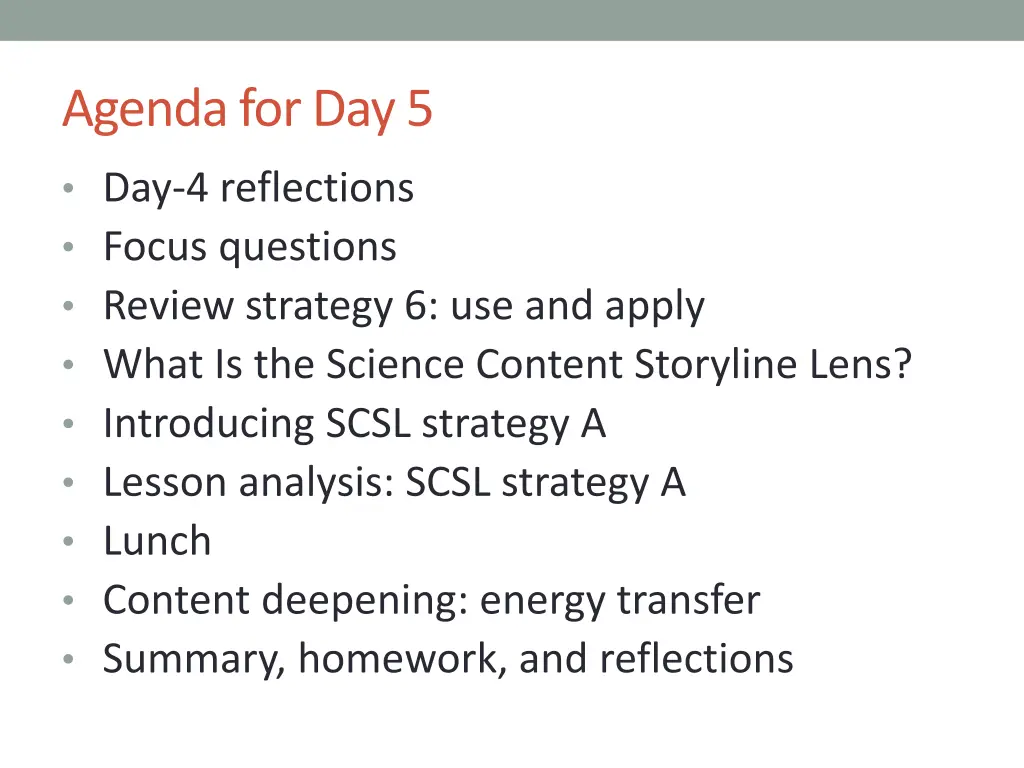 agenda for day 5
