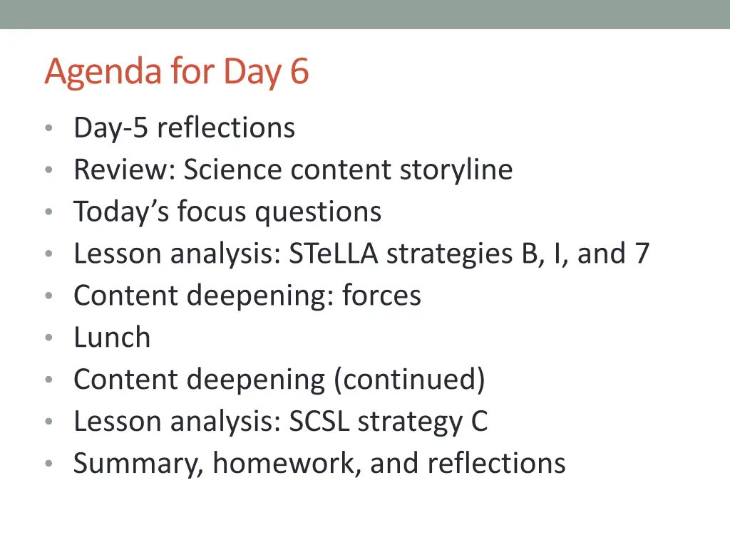 agenda for day 6