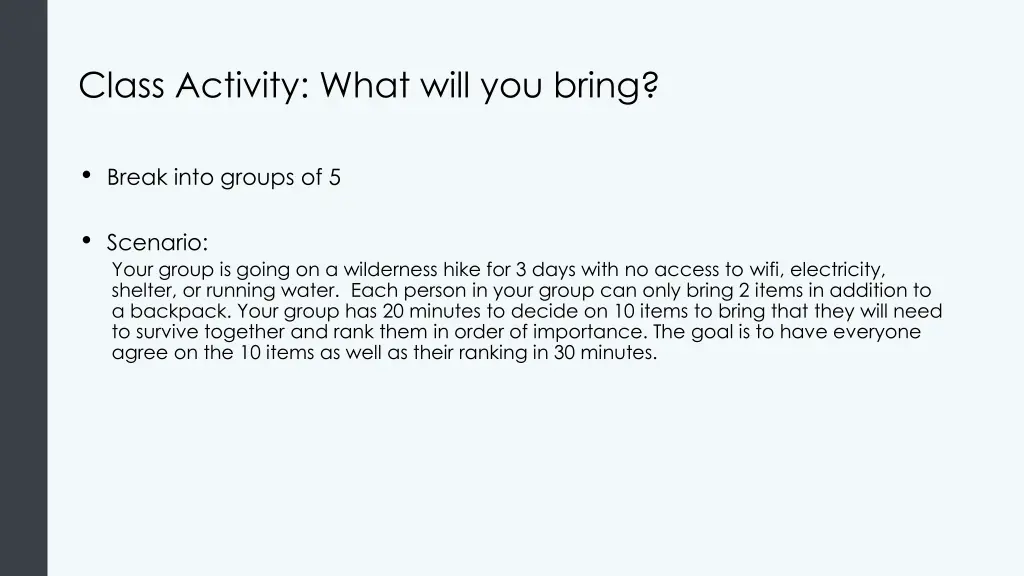 class activity what will you bring
