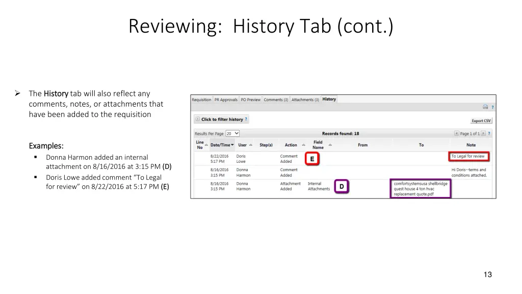 reviewing history tab cont