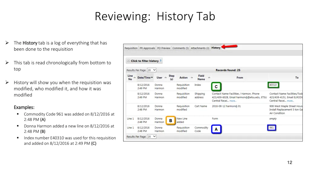 reviewing history tab