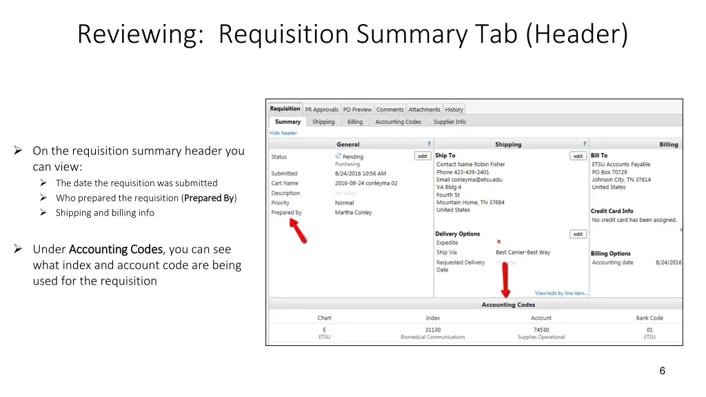 reviewing requisition summary tab header