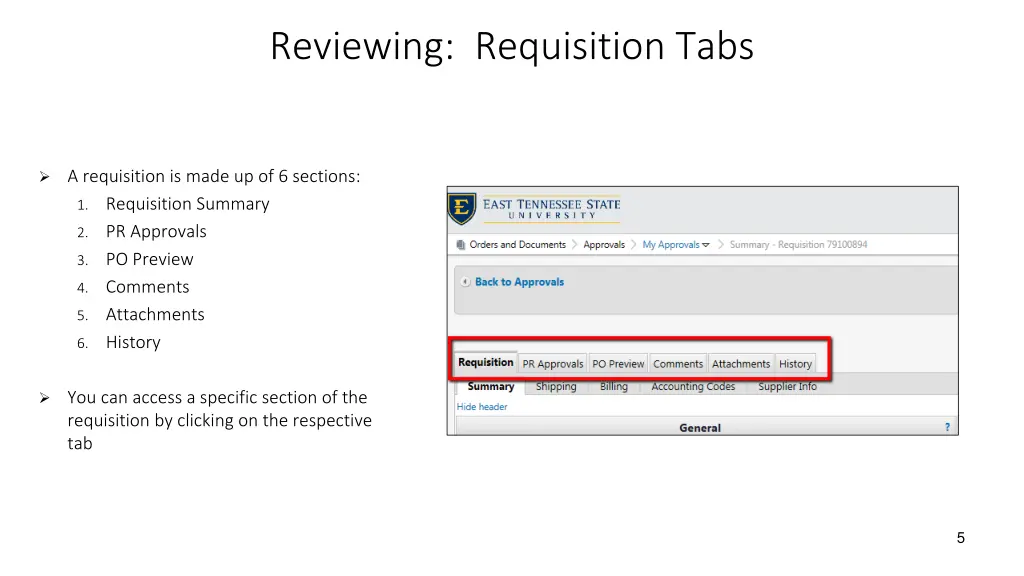 reviewing requisition tabs