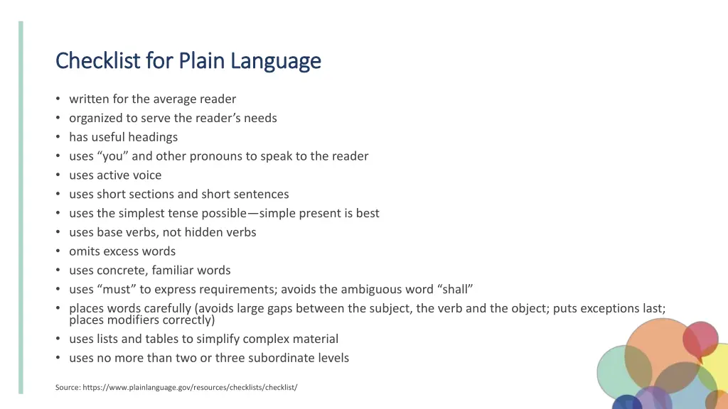 checklist for checklist for plain language plain
