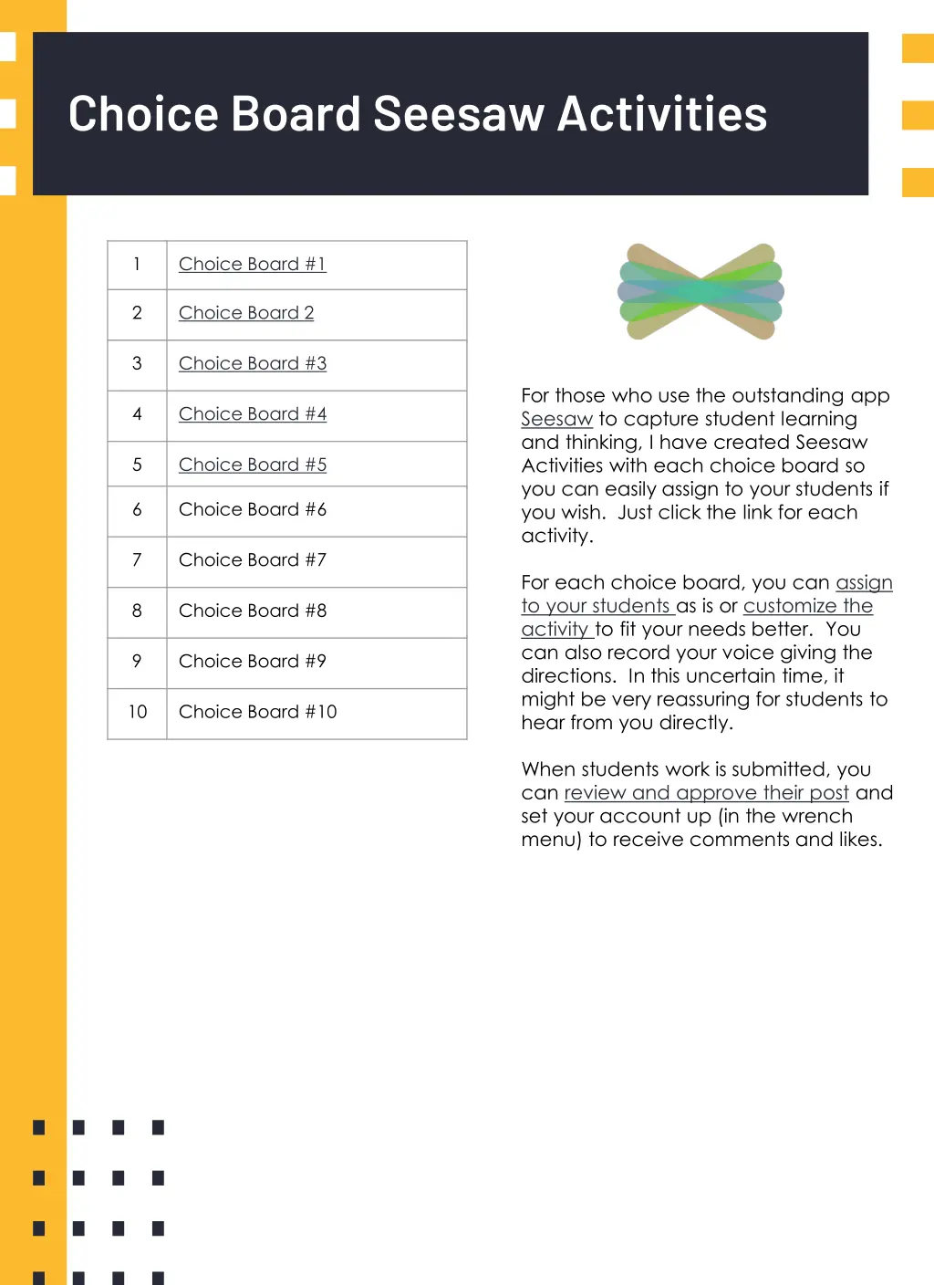 choice board seesaw activities