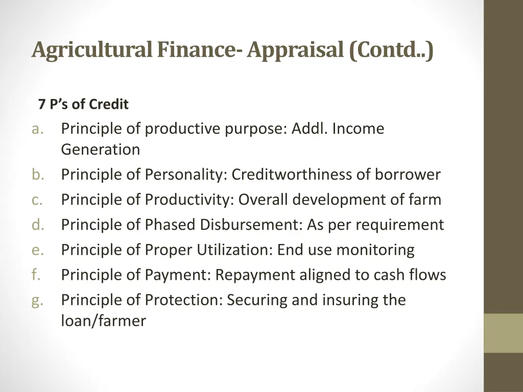 agricultural finance appraisal contd