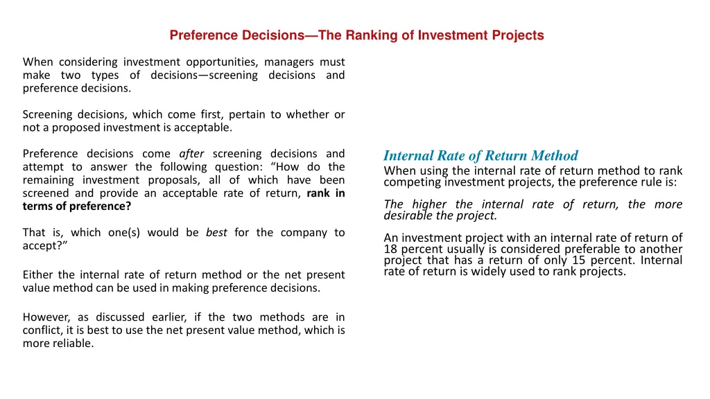 preference decisions the ranking of investment