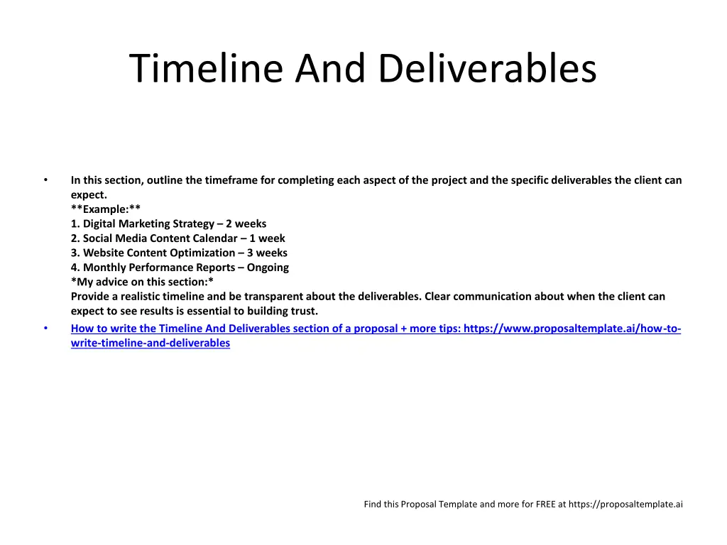 timeline and deliverables