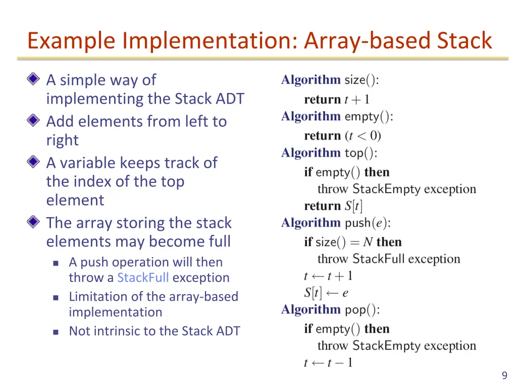 example implementation array based stack 1