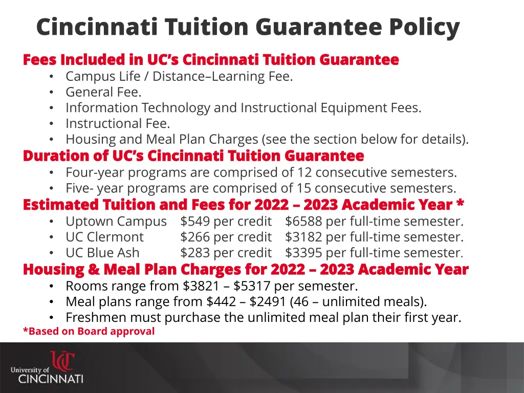 cincinnati tuition guarantee policy fees included