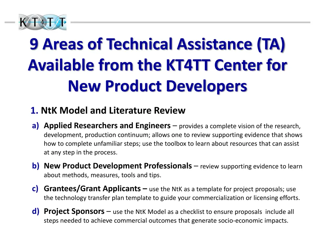 9 areas of technical assistance ta available from