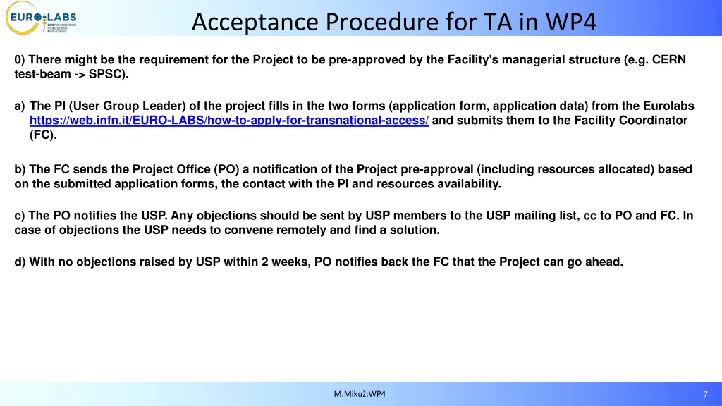 acceptance procedure for ta in wp4
