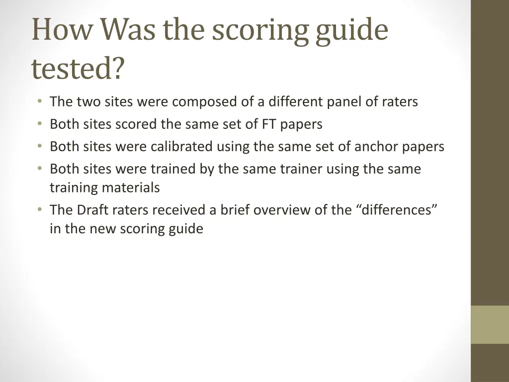 how was the scoring guide tested the two sites