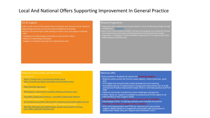 local and national offers supporting improvement