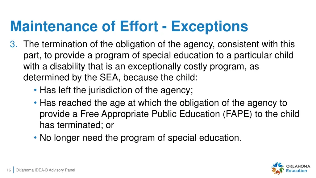 maintenance of effort exceptions 1
