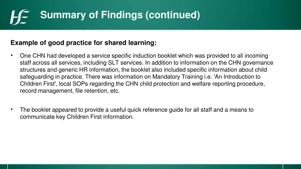 summary of findings continued