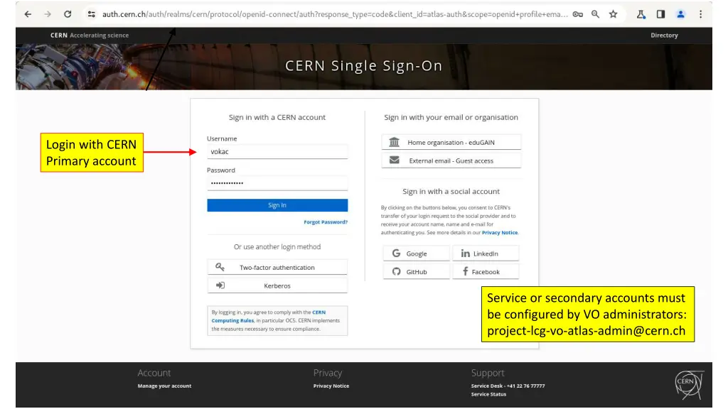 login with cern primary account