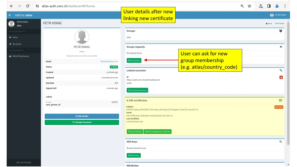 user details after new linking new certificate