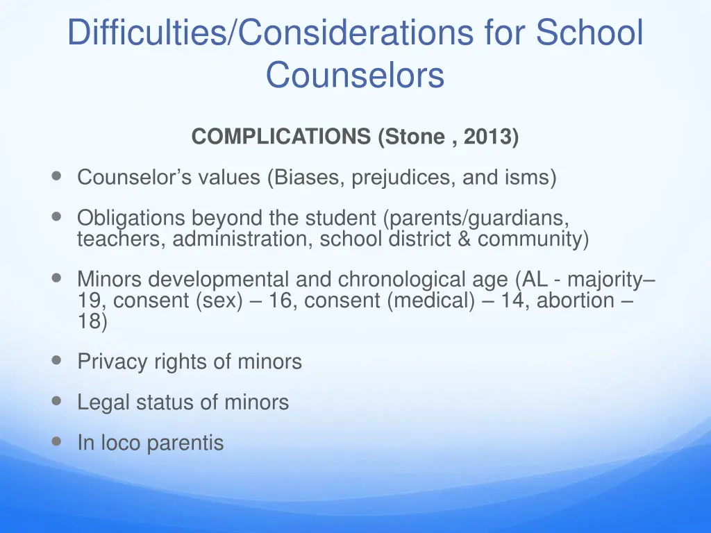 difficulties considerations for school counselors