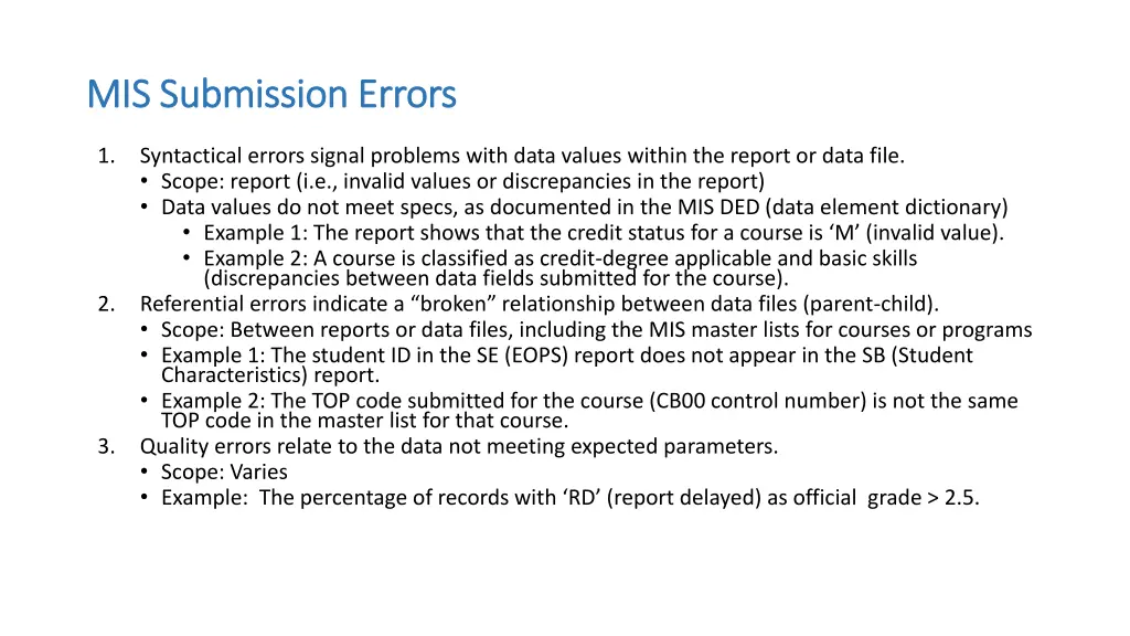 mis submission errors mis submission errors