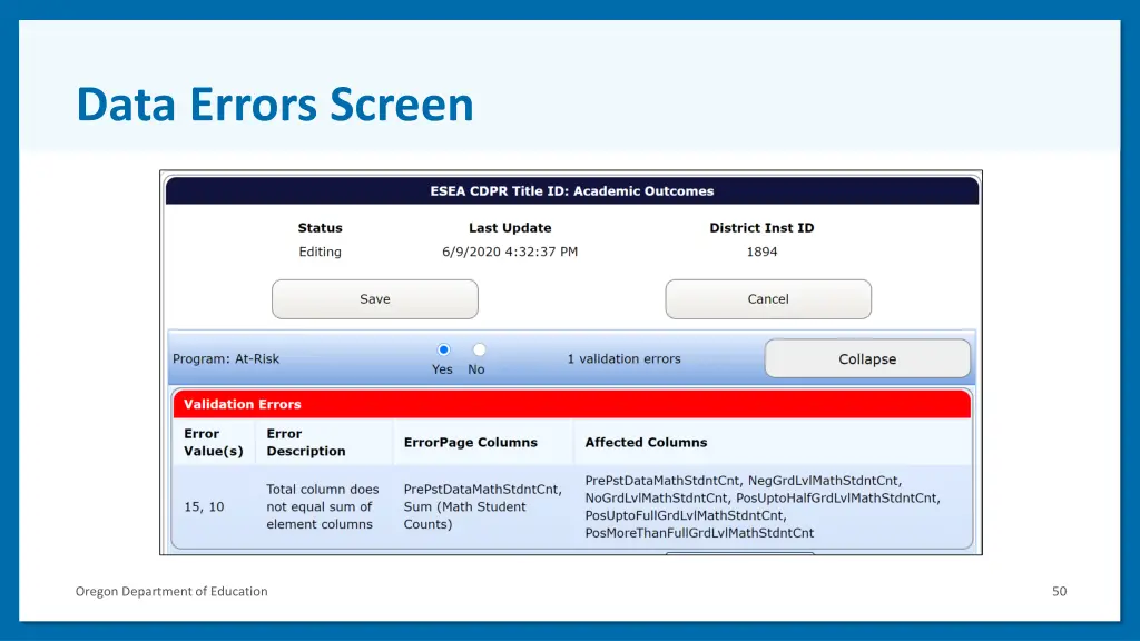 data errors screen