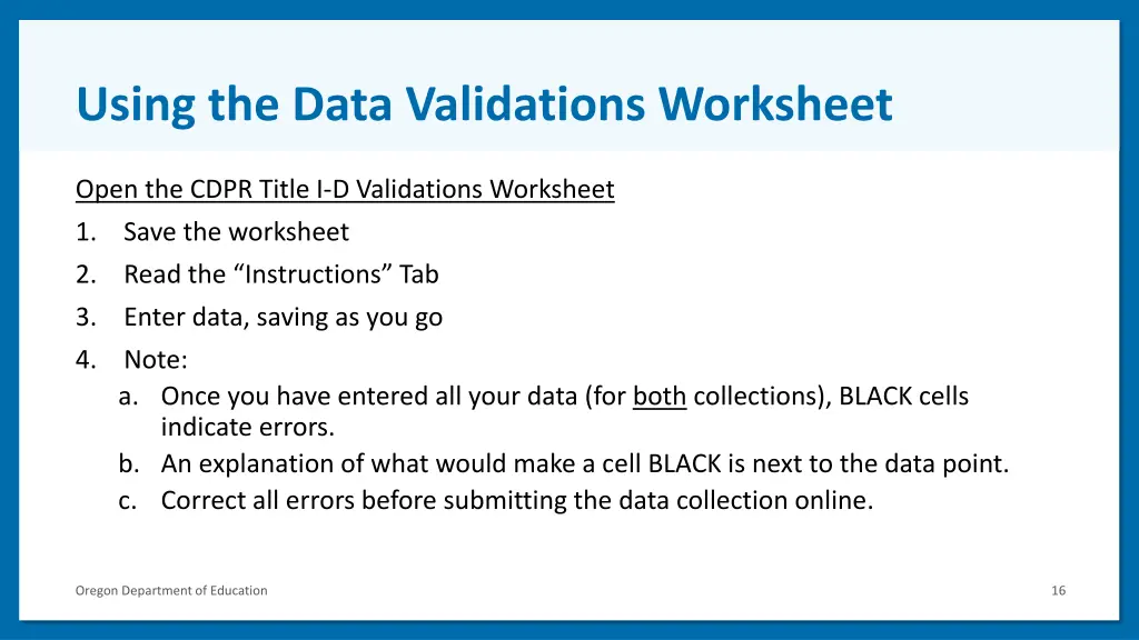 using the data validations worksheet