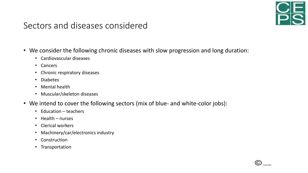 sectors and diseases considered