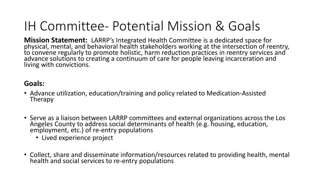 ih committee potential mission goals mission