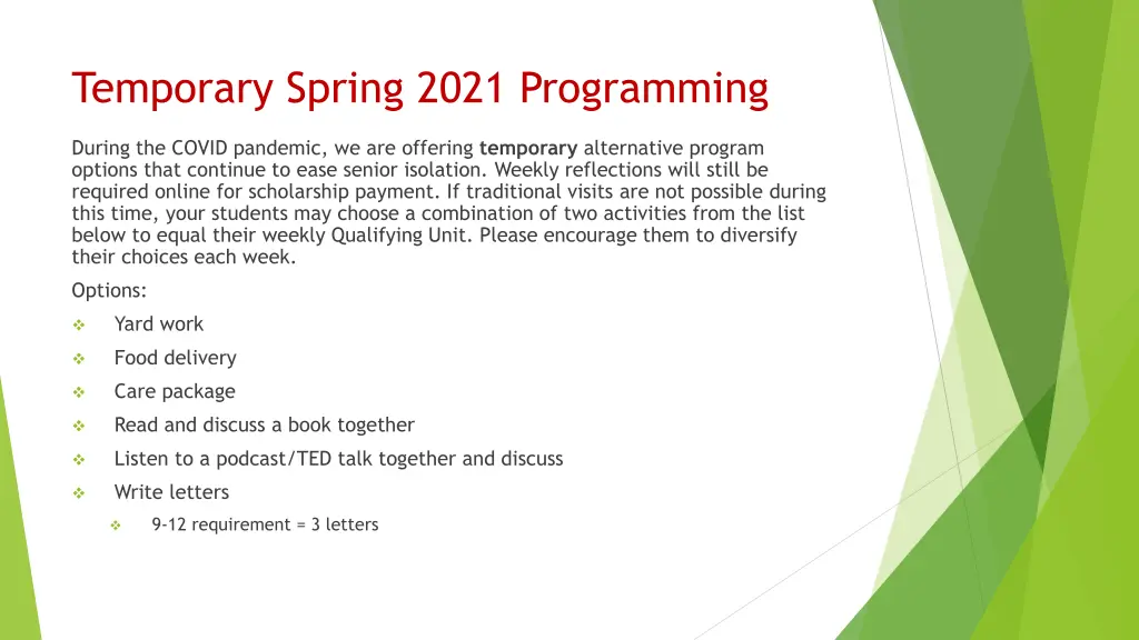 temporary spring 2021 programming