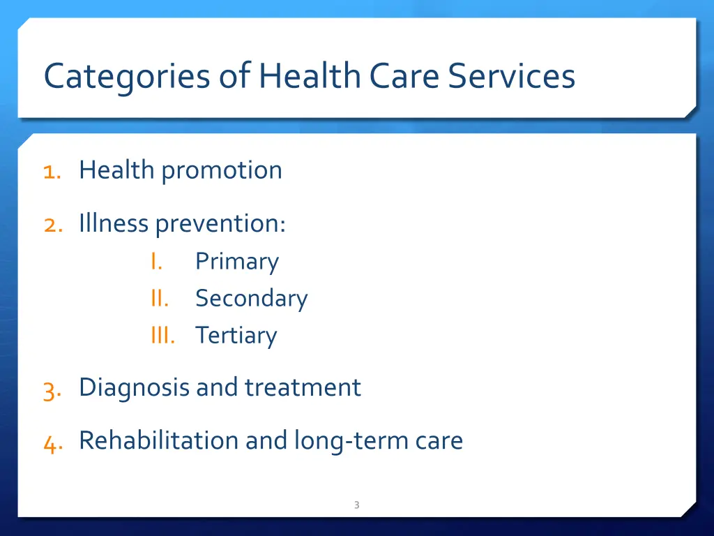 categories of health care services