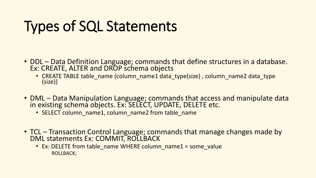 types of sql statements types of sql statements